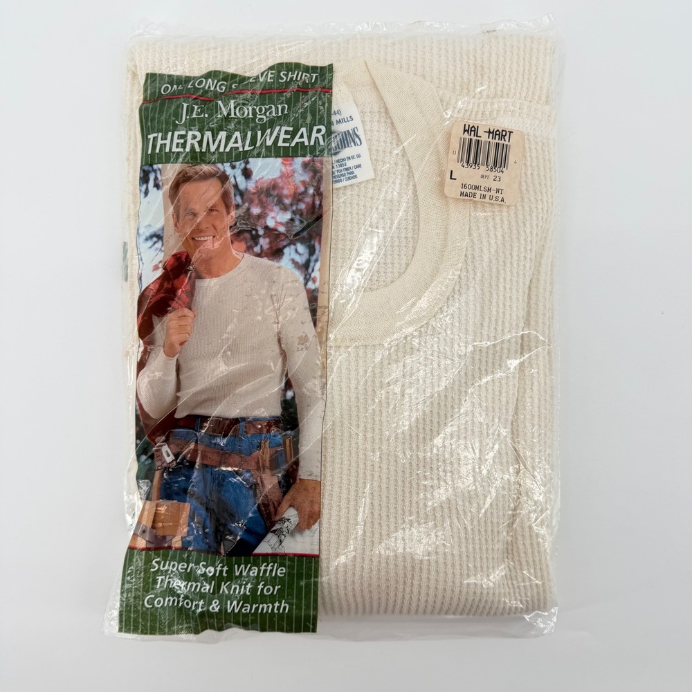 J.E. Morgan Thermal Shirt Mens L Natural Waffle Knit Long Sleeve Made in USA NEW
